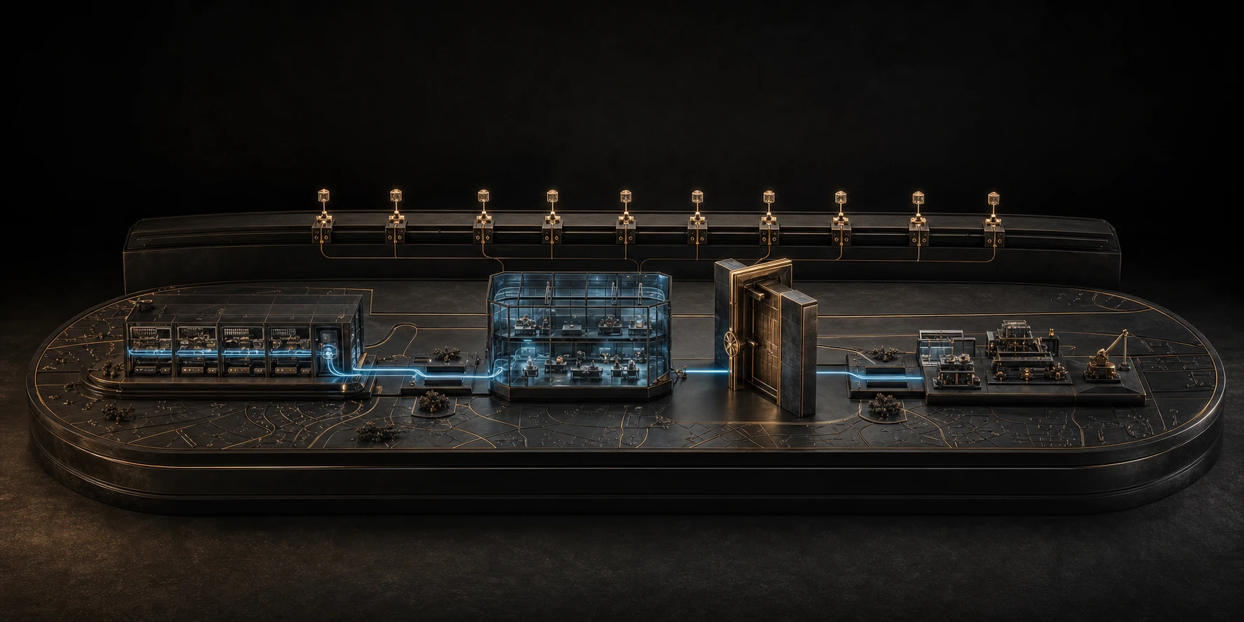 Source evidence entering an AI draft chamber, stopping at a human approval gate, and continuing to a permitted action with a visible history rail.
