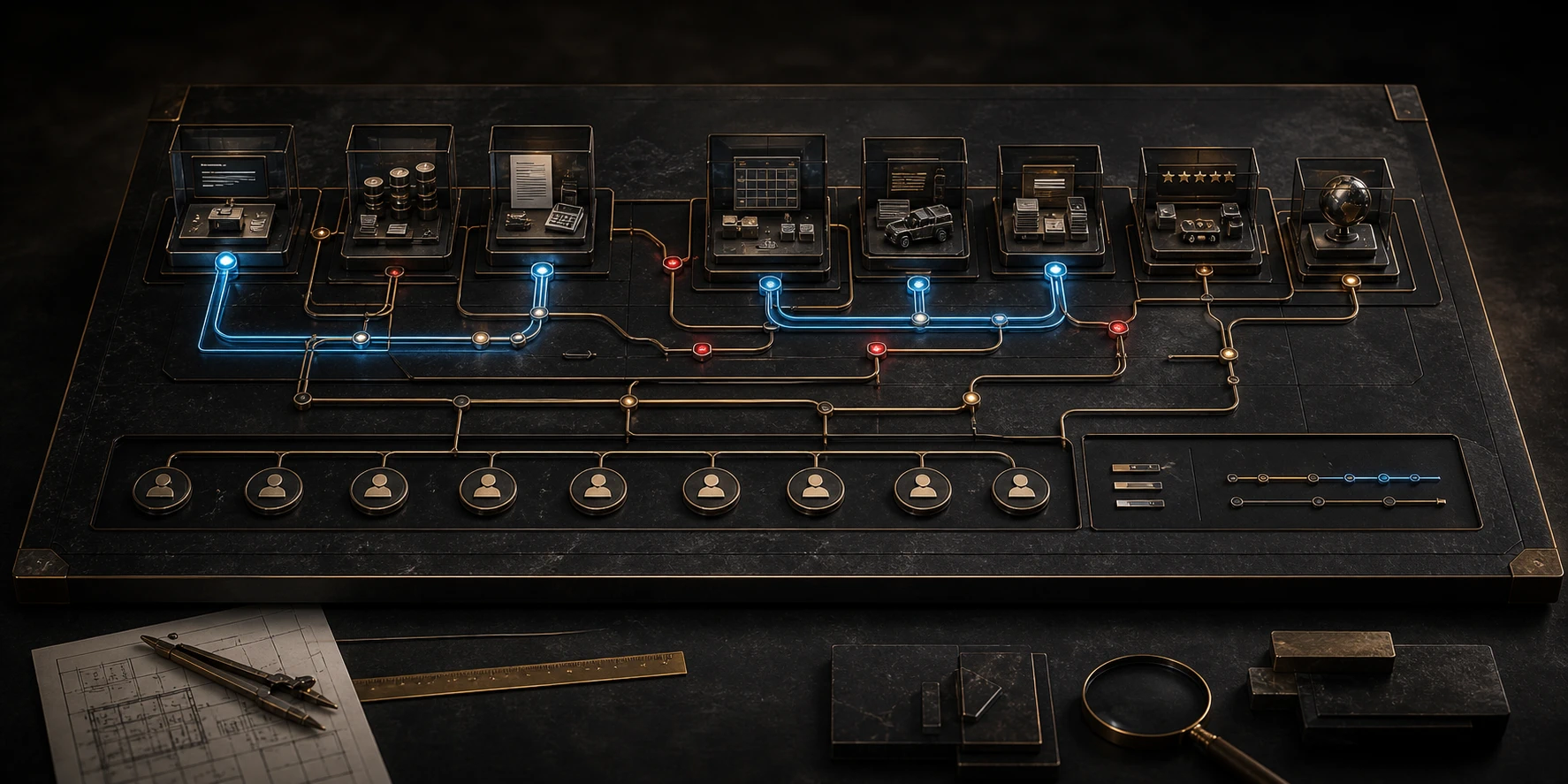 An operating map connecting current business systems, marking broken handoffs, assigning owners, and highlighting the first selected workflow.