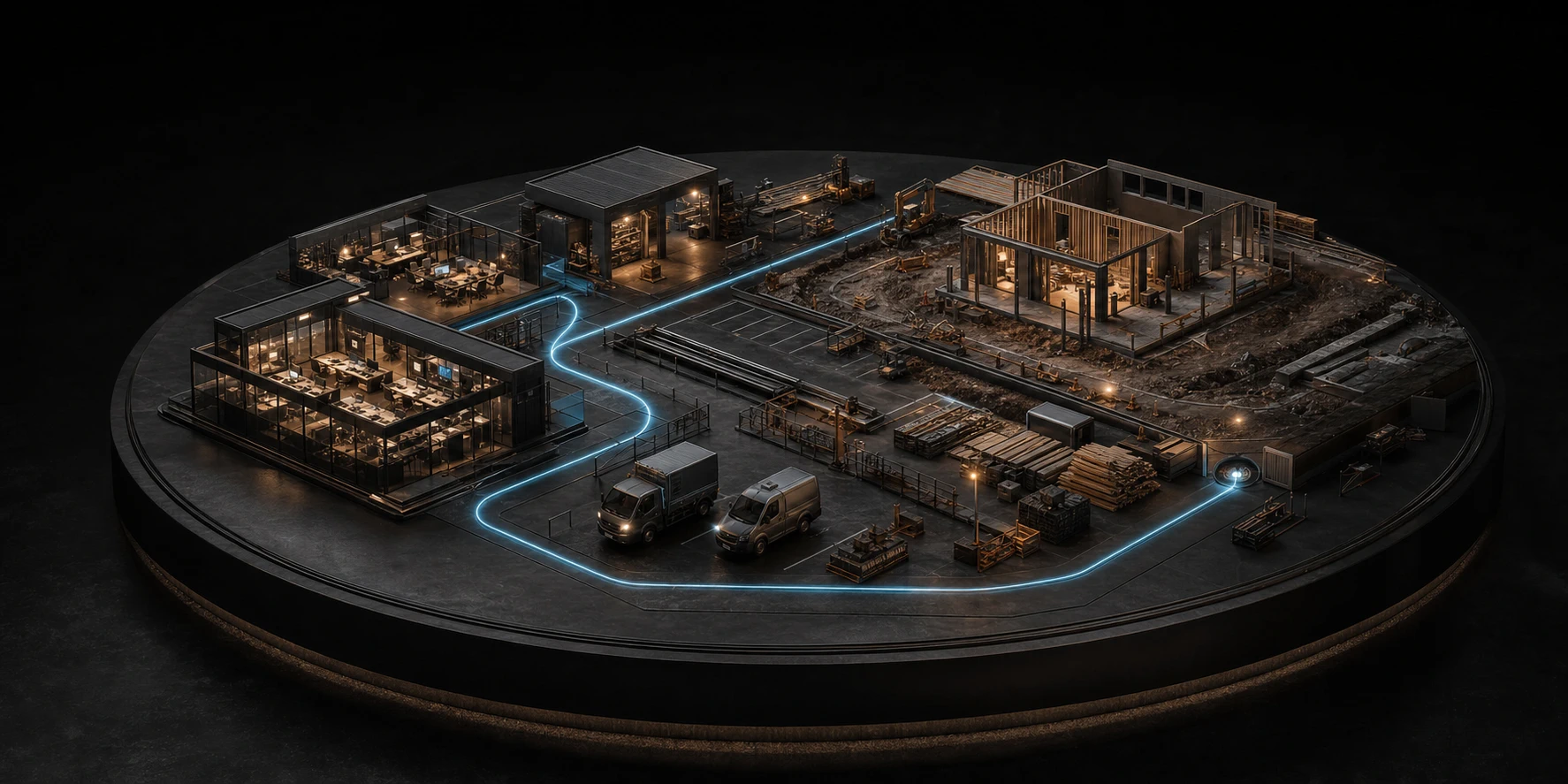 A connected operations yard linking the schedule, crews, vehicles, materials, and construction site to the approved job.