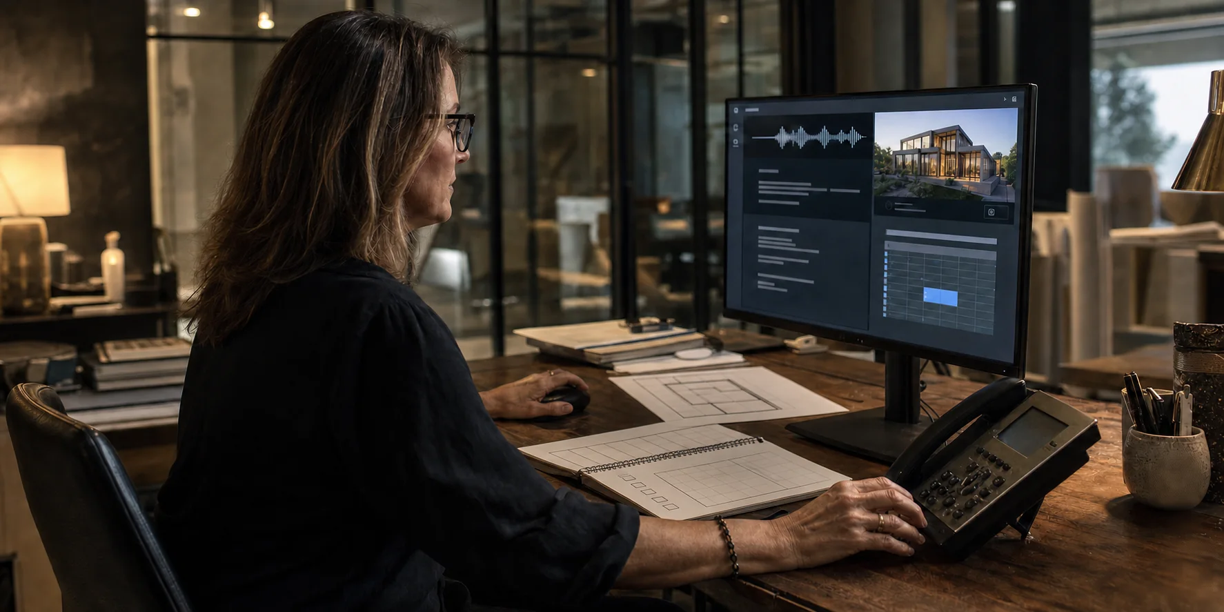 A contractor office coordinator reviews customer property details, an incoming call summary, and a proposed appointment before taking action.