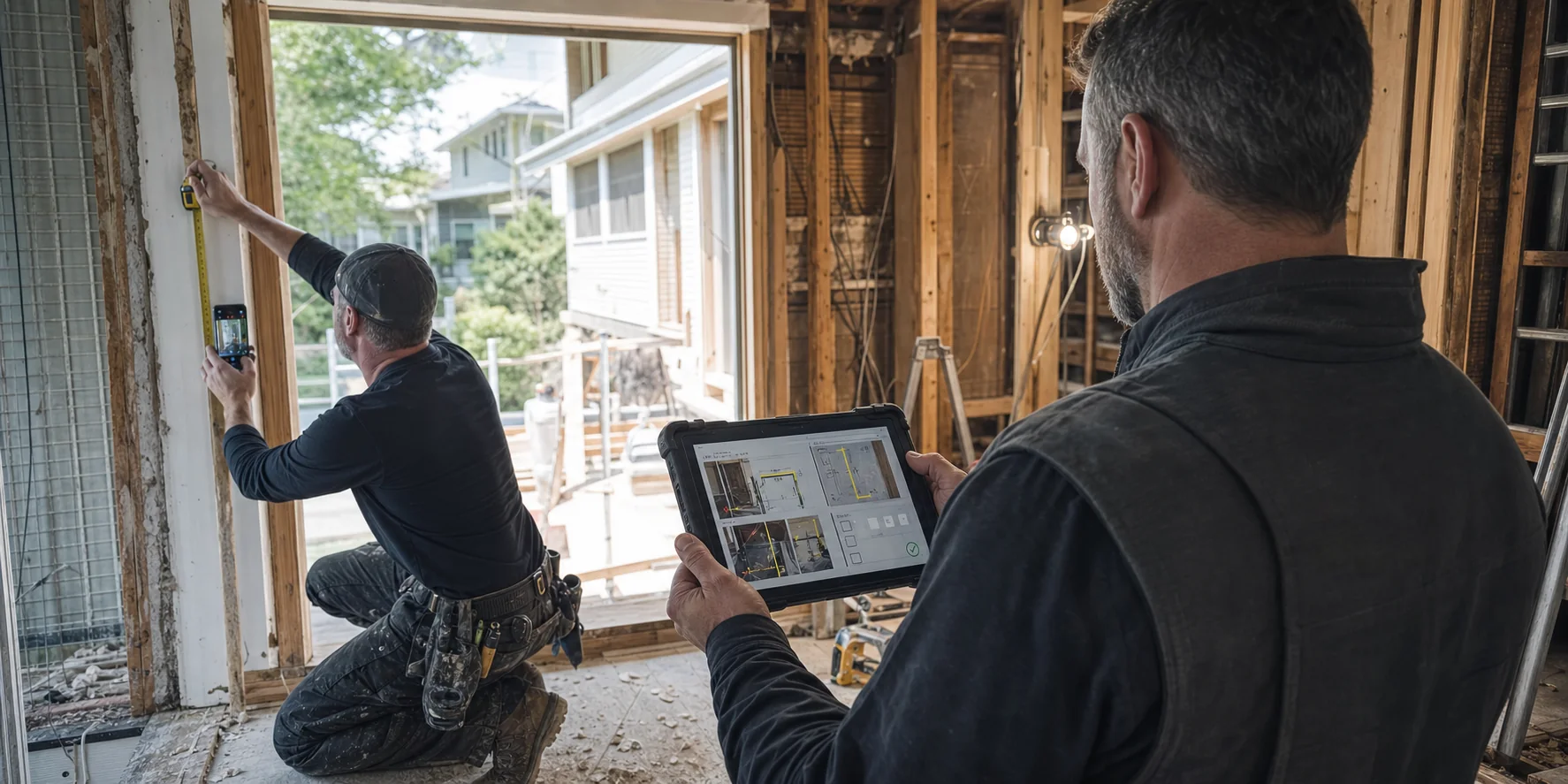 A field technician documenting site measurements while the project record is reviewed on a tablet.