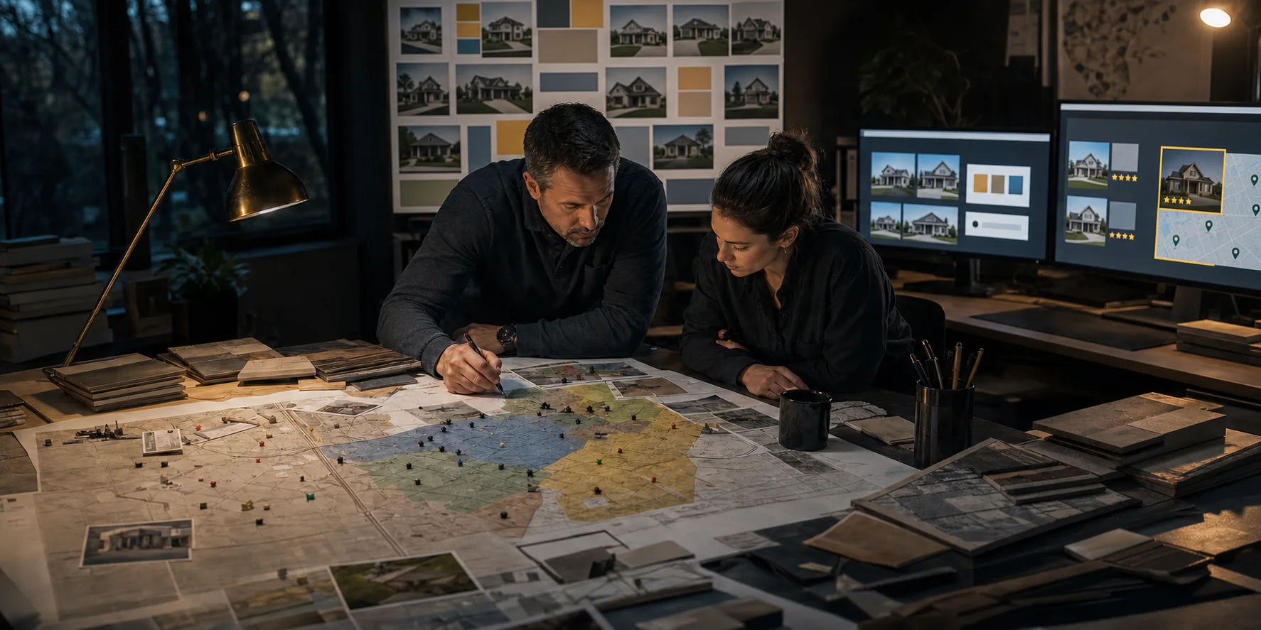 A contractor owner and marketing coordinator comparing properties and local market evidence on a territory map.