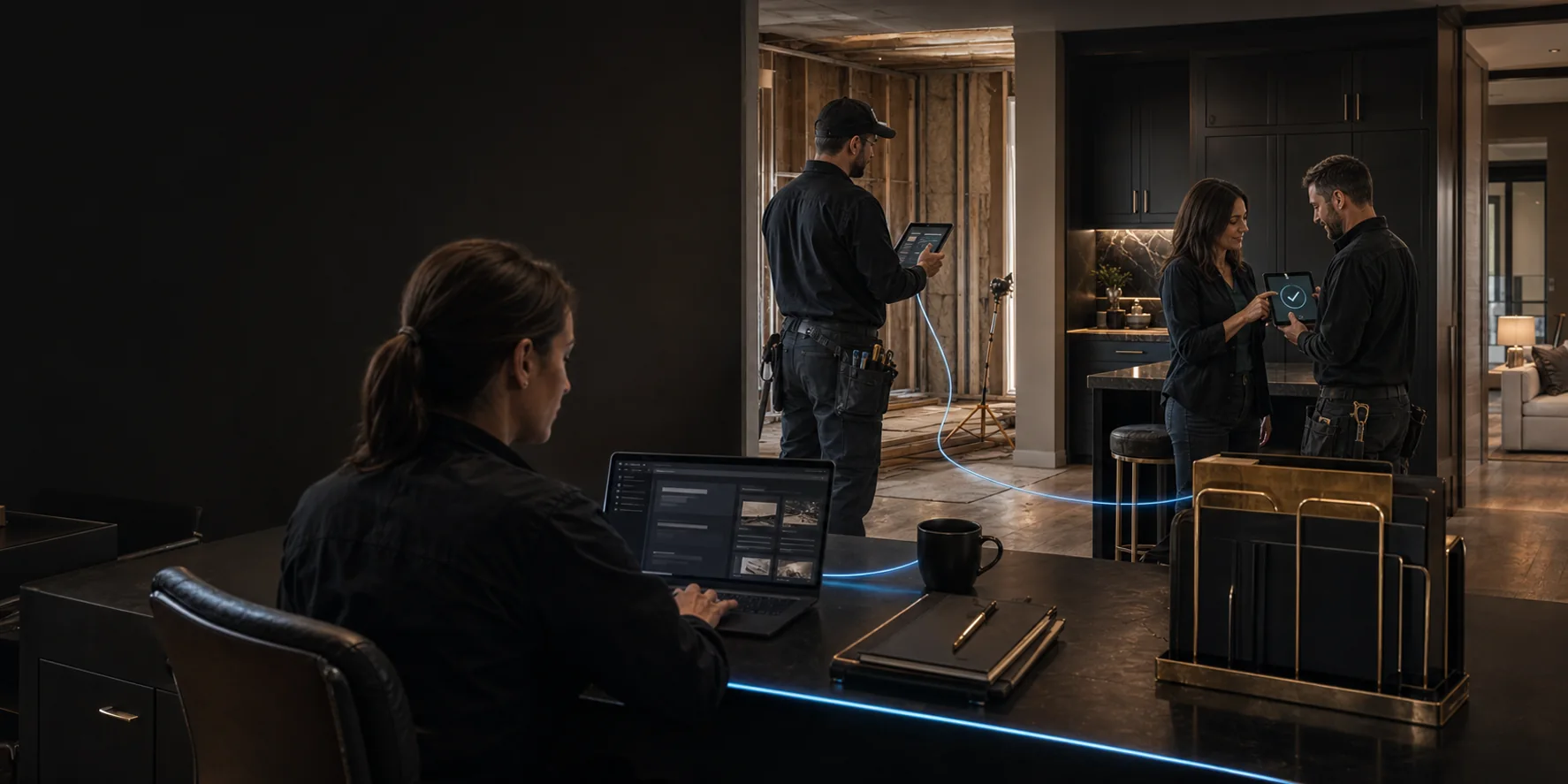 A contractor office, active field work, customer approval, and payment handoff connected through one operating record.