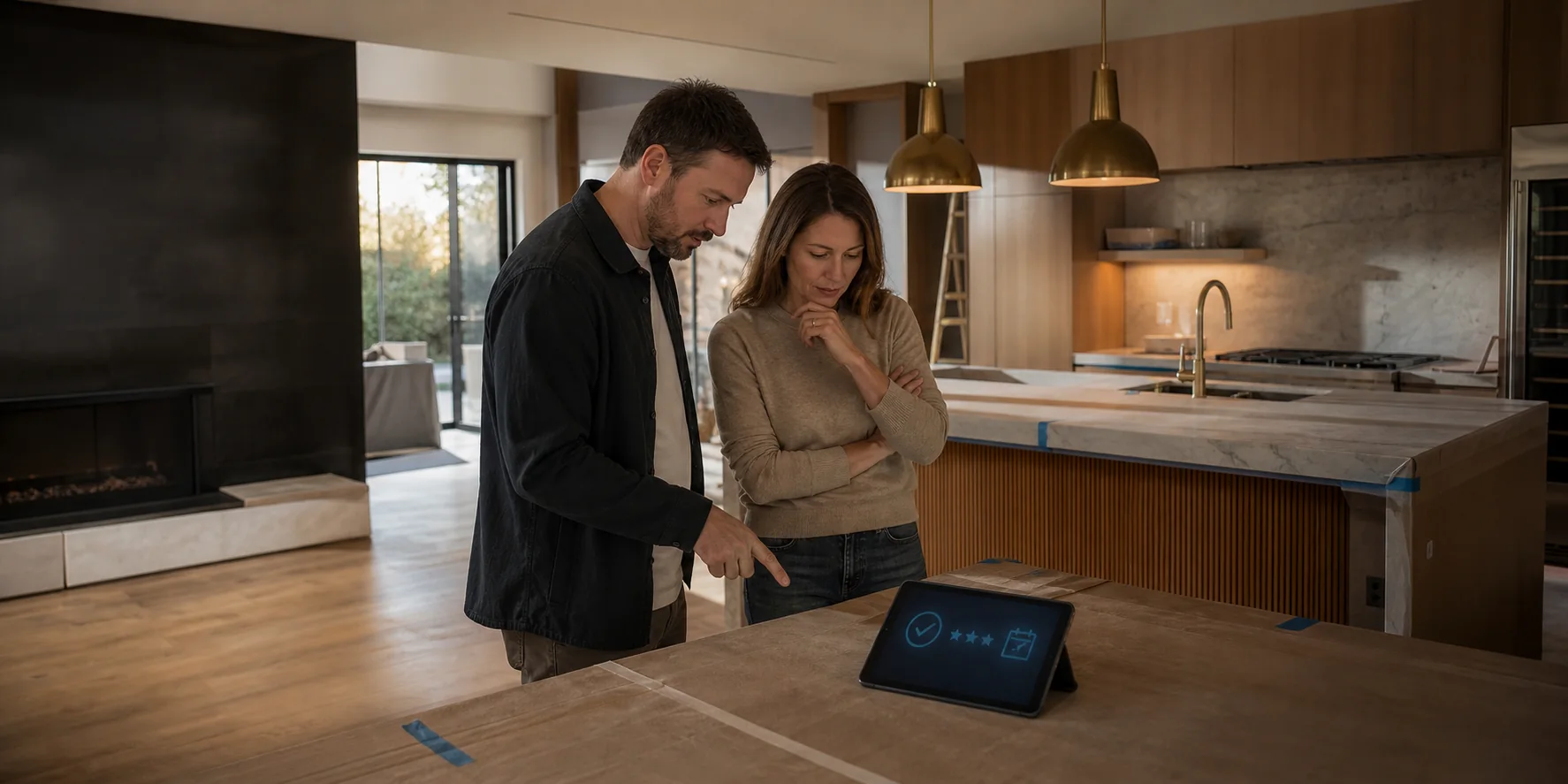 A contractor and homeowner reviewing completed renovation work with payment, review, and future-service confirmation visible on a tablet.
