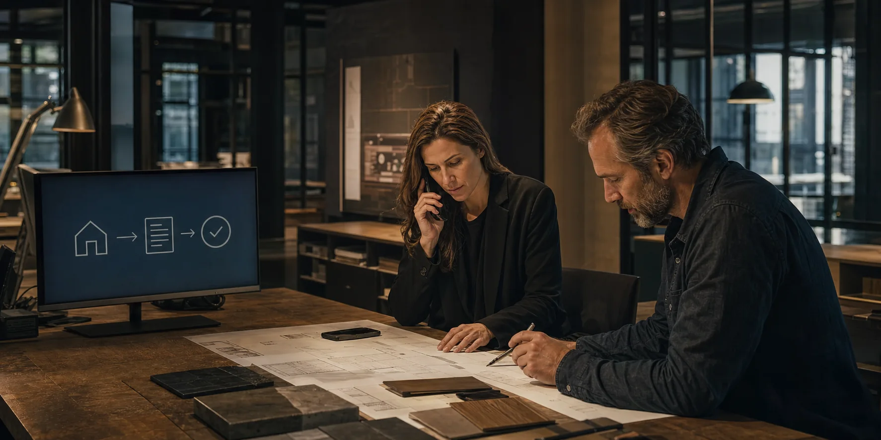 A contractor office coordinator handling a customer inquiry while the project lead reviews the property scope.